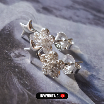 Aros de plata 925 flores con circones y estrella lisa