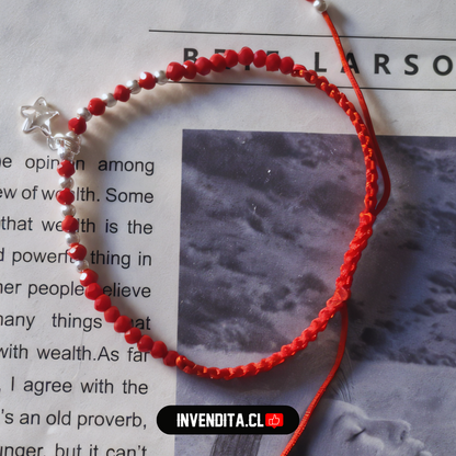 Pulsera macramé roja de plata 925 circón figura estrellada y cristales