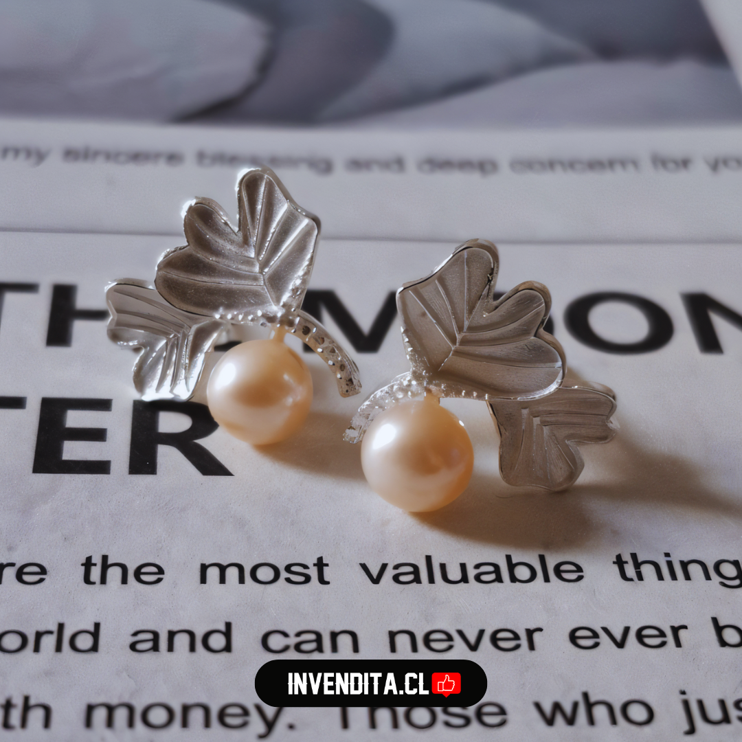 Aros de plata 925 diseño hojas de circones con pequeña perla