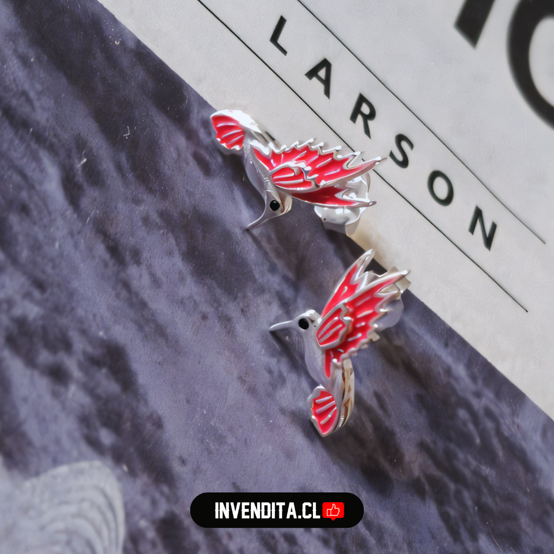 Aros de plata 925 diseño colibrí con alas rosadas