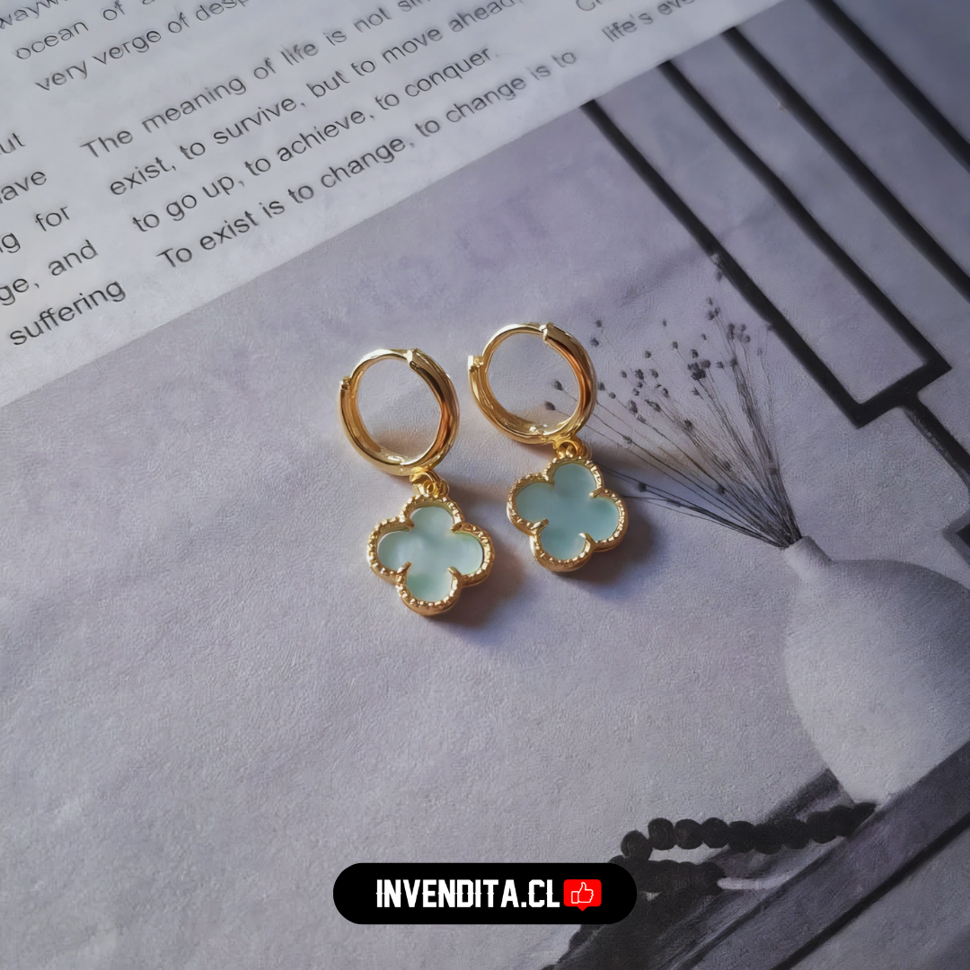 Aros enchapados en oro argollas con placa flor verde turquesa