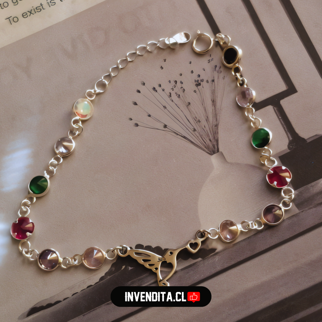 Pulsera de plata 925 diseño colibrí con botones de circones de colores