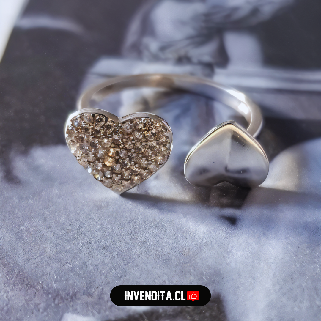 Anillo de plata 925 modelo abierto de puntas corazón de placa y microcircones