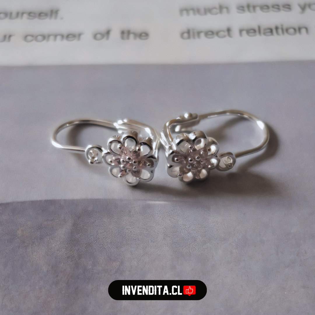 Aros de plata 925 estilo gancho con flor rosa