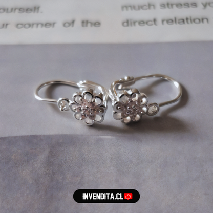Aros de plata 925 estilo gancho con flor rosa
