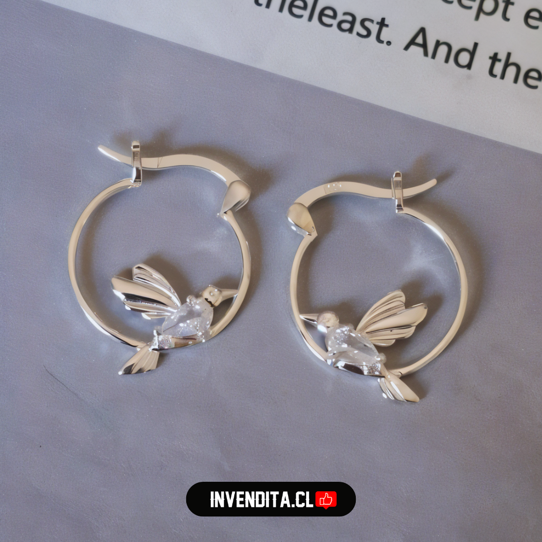 Aros de plata 925 diseño colibrí con circón y broche criollo