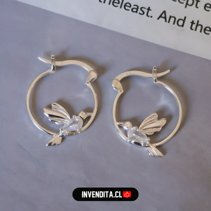 Aros de plata 925 diseño colibrí con circón y broche criollo