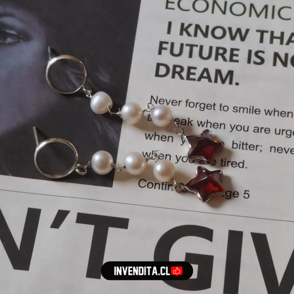 Aros de plata 925 perlas con estrella roja