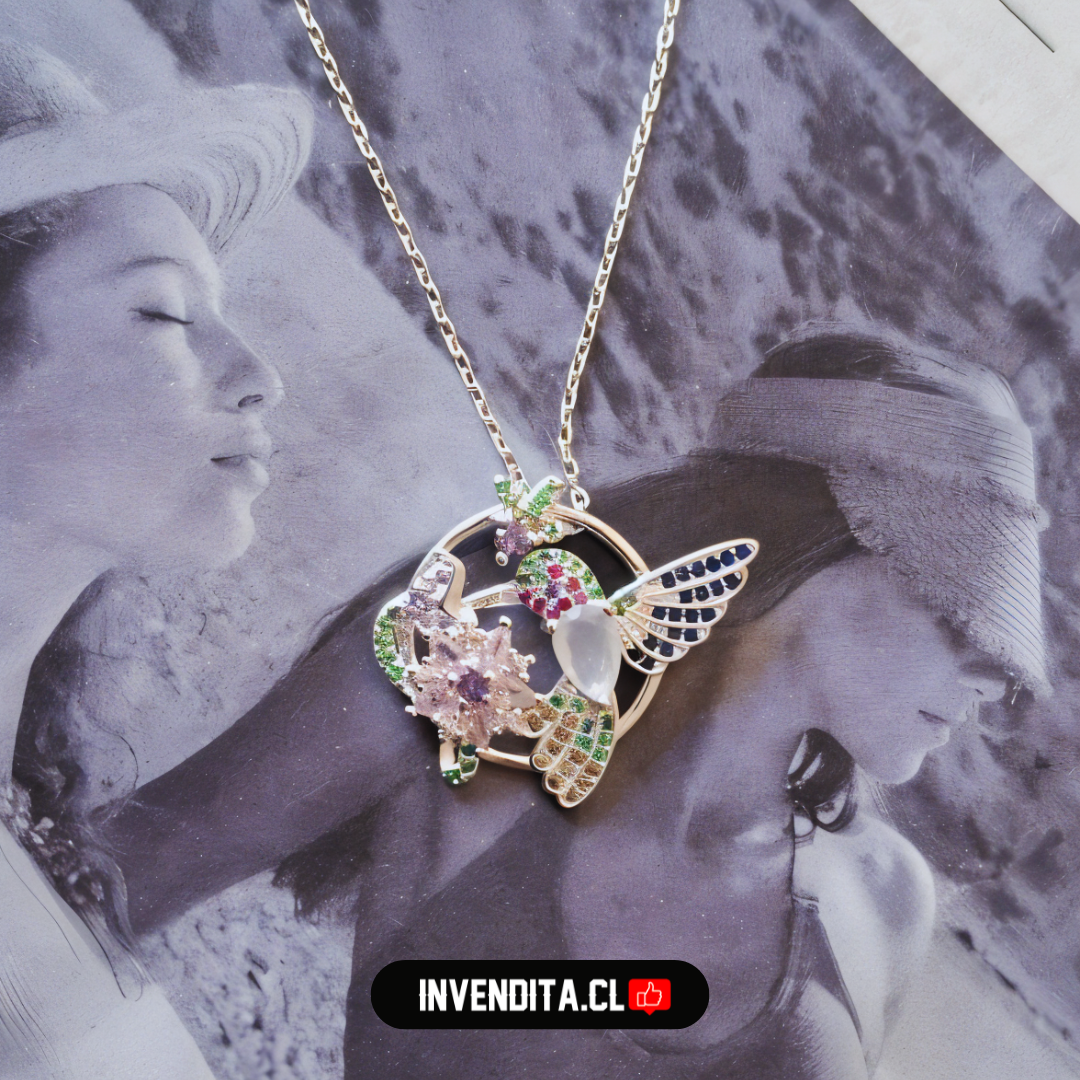 Collar de plata 925 colibrí con flores y circones de colores