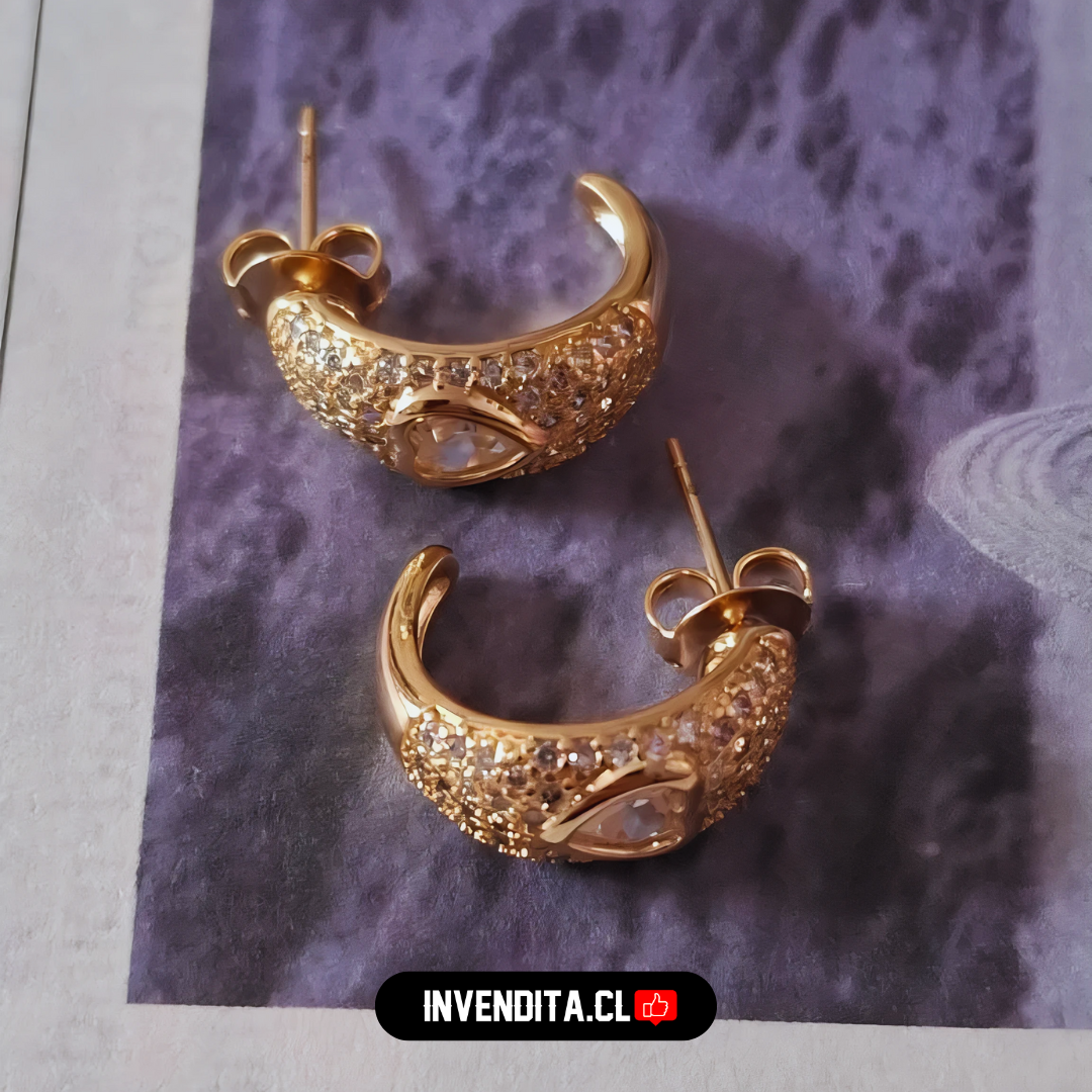 Aros enchapados en oro rosado semi argollas con circones y corazón