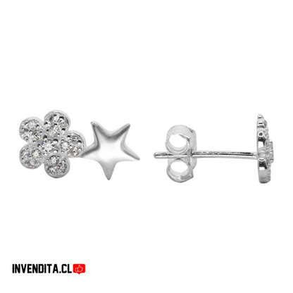 Aros plata 925 flores con circones y estrella lisa