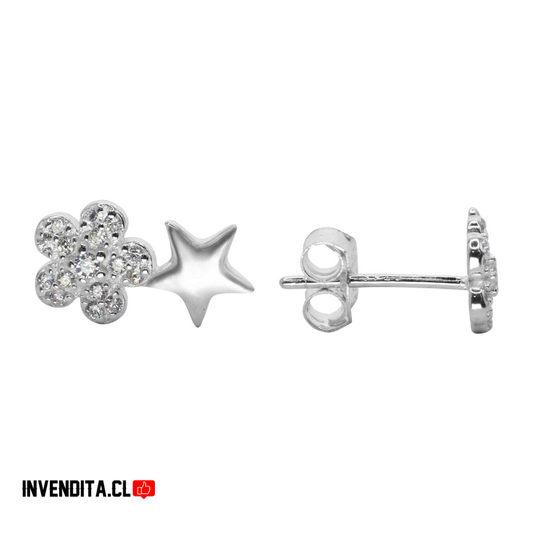 Aros plata 925 flores con circones y estrella lisa