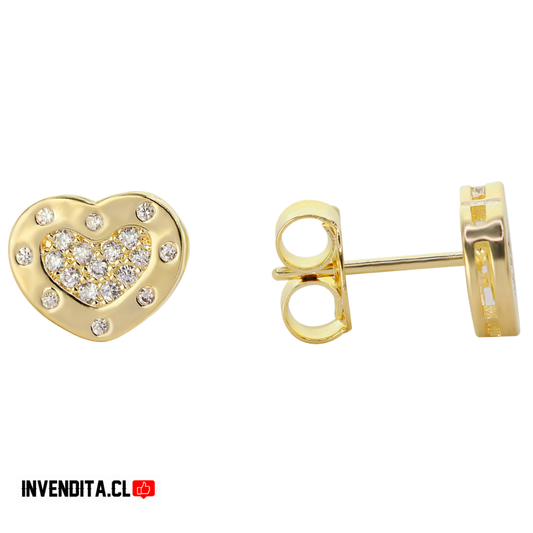 Aros enchapados en oro diseño placa corazón con circones
