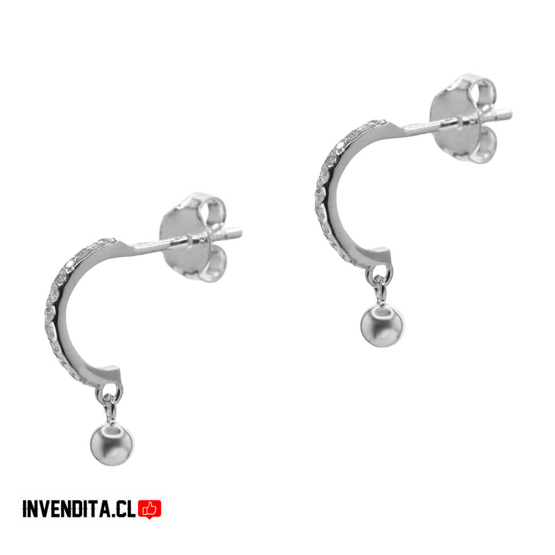 Aros de plata 925 semi argollas con circones y esfera lisa colgante