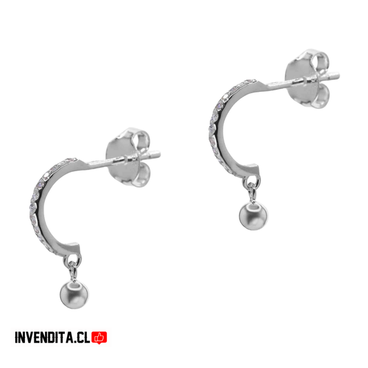 Aros de plata 925 semi argollas con circones y esfera lisa colgante