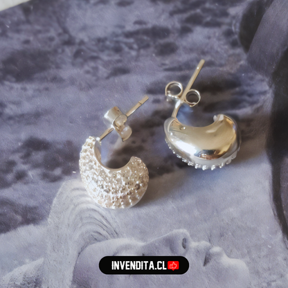 Aros de plata 925 estilo bote mitad strass mitad satinada