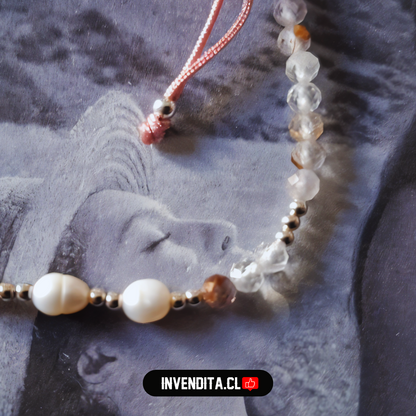 Pulsera de Plata 925 Macramé color Palo de Rosa con Cristales, Esferas y Piedras de Río