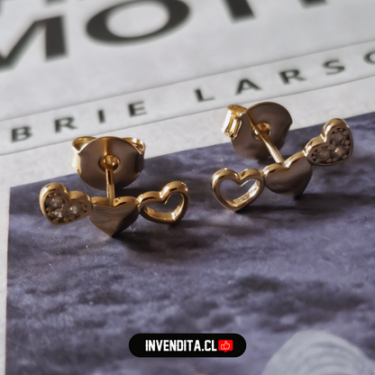 Aros enchapados en oro estilo trepador diseño corazones con circón