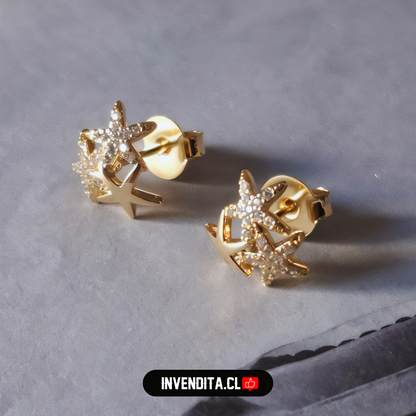 Aros enchapados en oro trio de estrellas lisa y circones