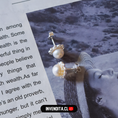 Aros de plata 925 diseño pétalos de circones y perla