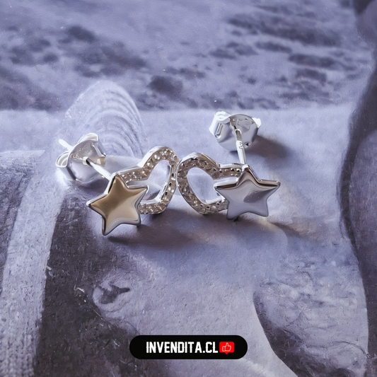 Aros de plata 925 corazón de circones y placa de estrellas