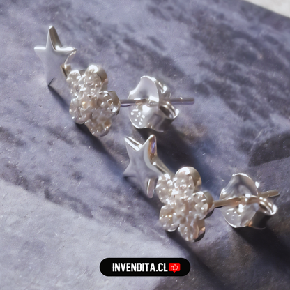Aros de plata 925 flores con circones y estrella lisa