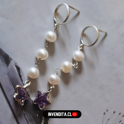 Aros de plata 925 perlas con estrella lila