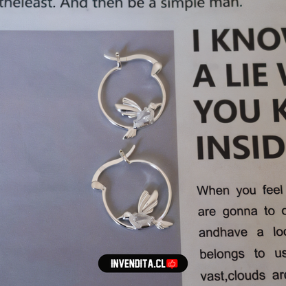 Aros de plata 925 diseño colibrí con circón y broche criollo