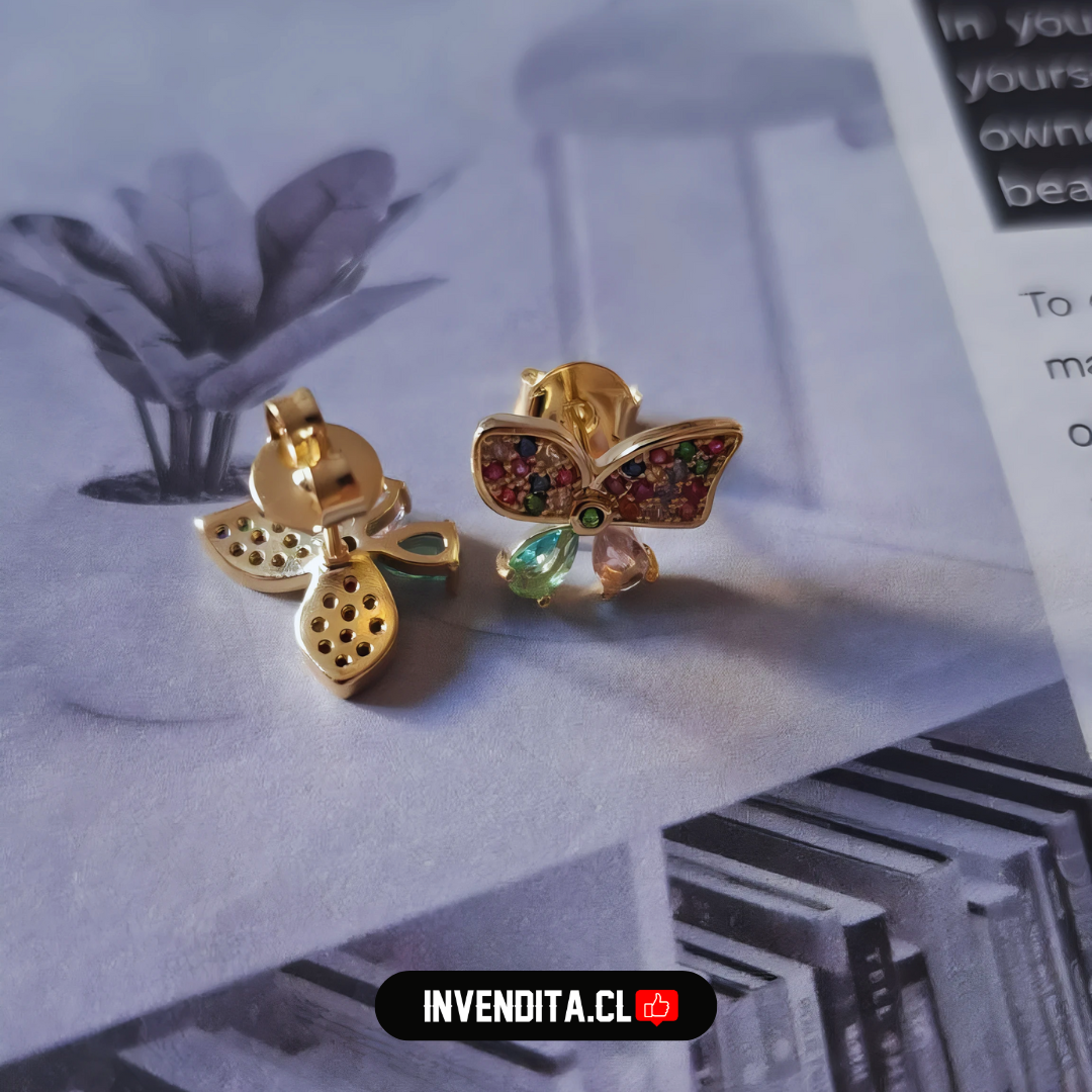 Aros de plata 925 mariposa de colores enchapada en oro