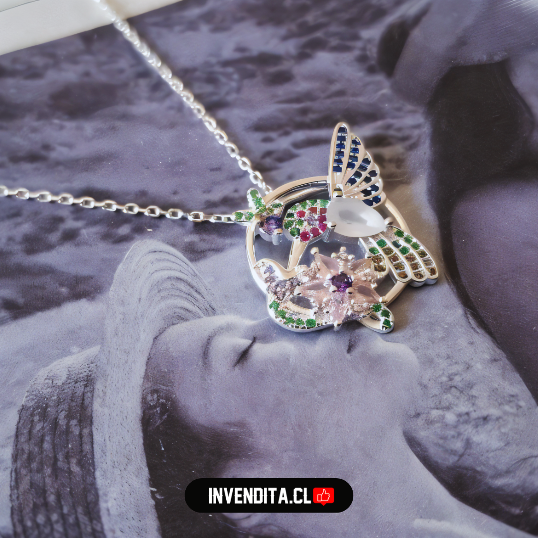 Collar de plata 925 colibrí con flores y circones de colores