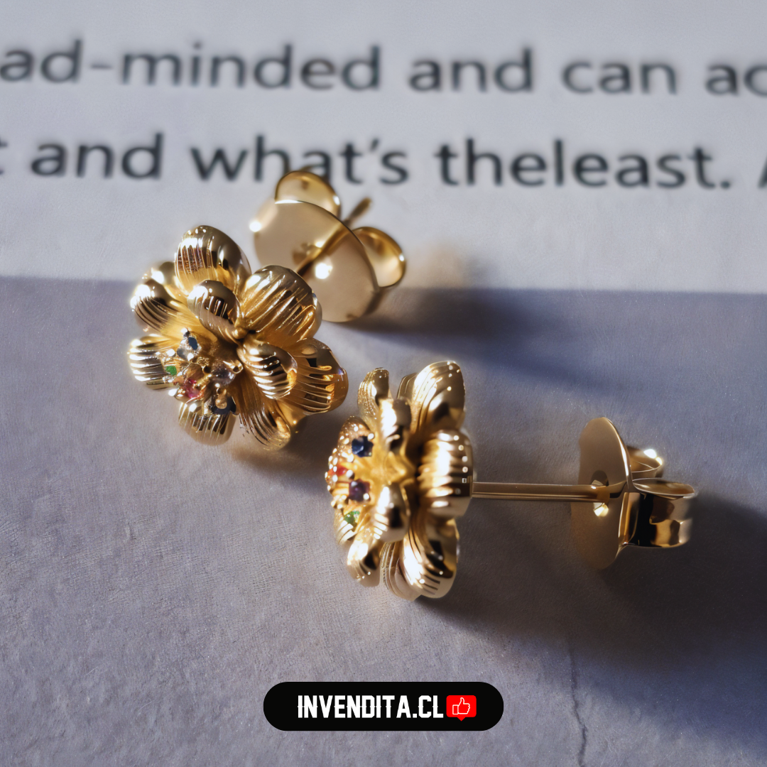 Aros enchapados en oro diseño flor con circones de colores