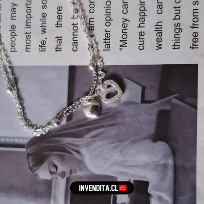 Tobillera de plata 925 doble cadena con colgantes corazón y circones