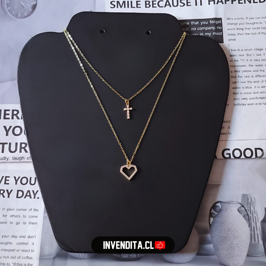 Collar enchapado en oro doble corazón y cruz de circones