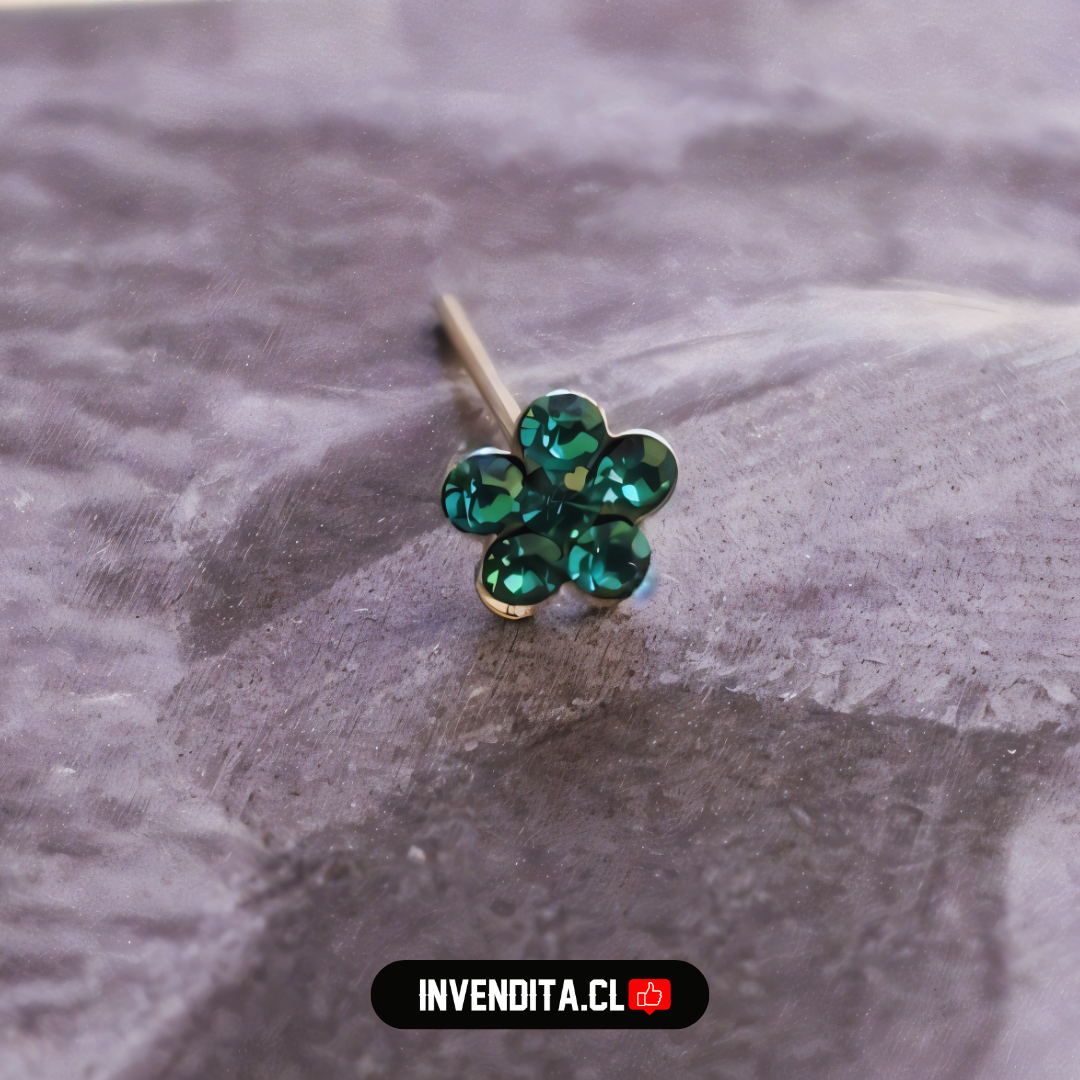 Aros de plata 925 piercing flor con circones verdes