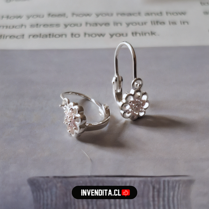 Aros de plata 925 estilo gancho con flor rosa