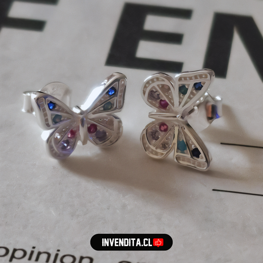 Aros de plata 925 Mariposas con circones de colores