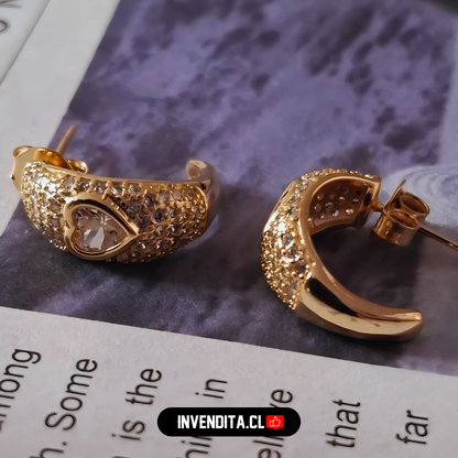 Aros enchapados en oro rosado semi argollas con circones y corazón