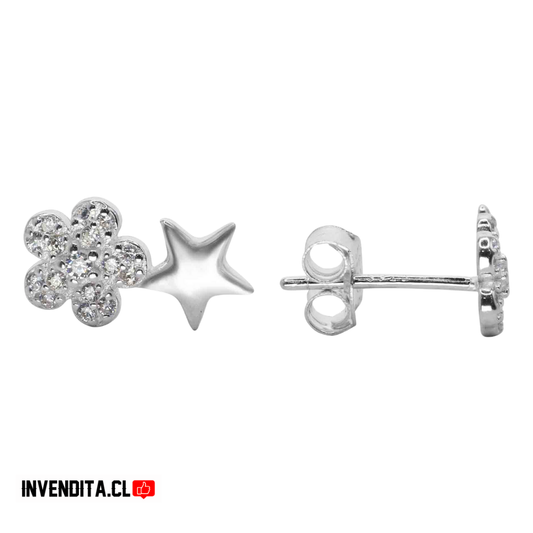 Aros de plata 925 flores con circones y estrella lisa