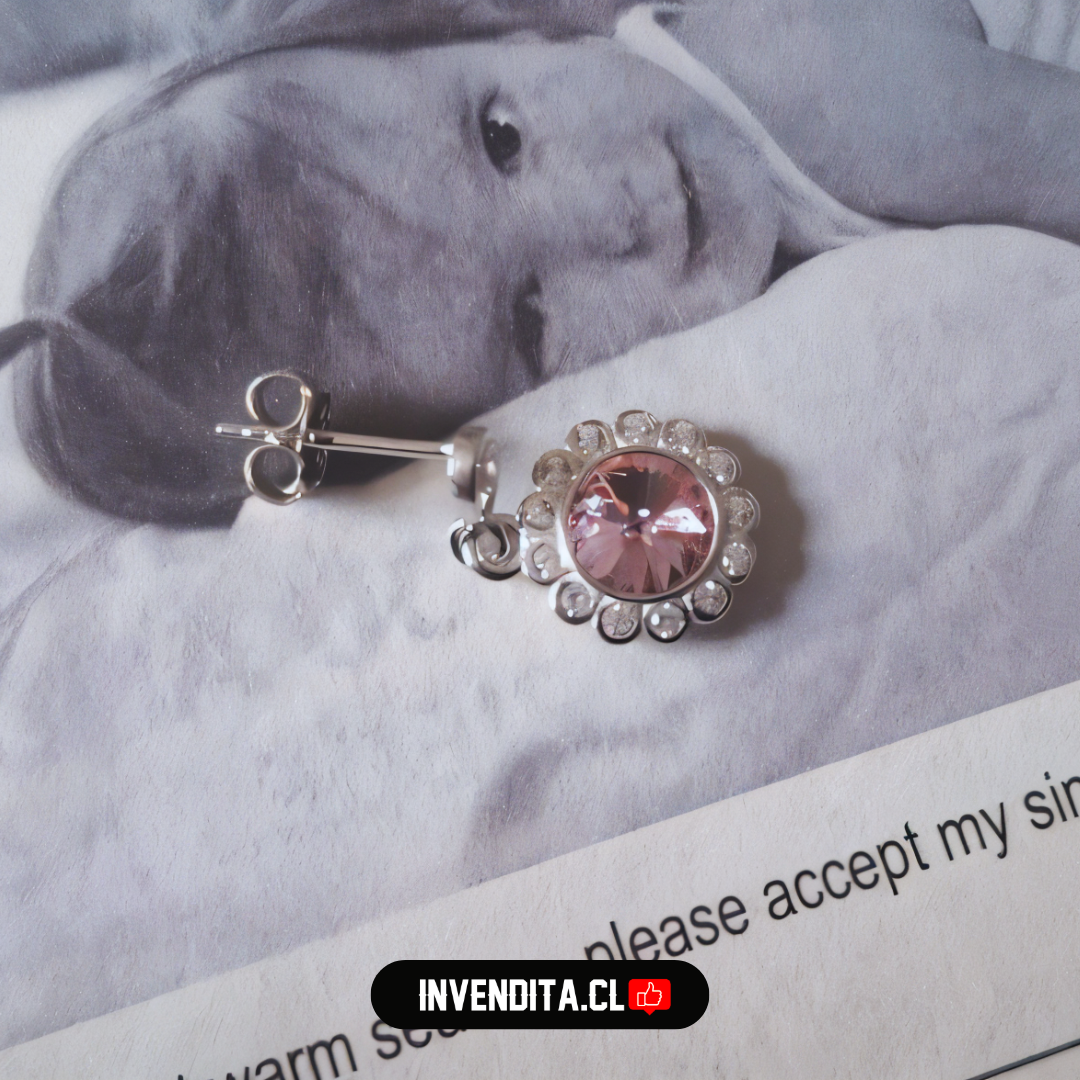 Aros de plata 925 diseño flor con cristal rosa Swarovski Elements