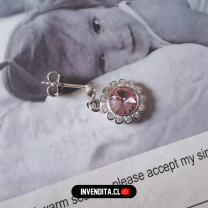 Aros de plata 925 diseño flor con cristal rosa Swarovski Elements