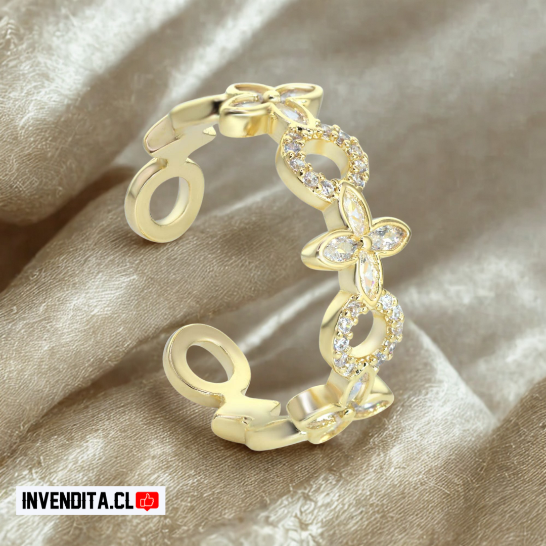 Anillo enchapado en oro abierto flores y circulos con circones