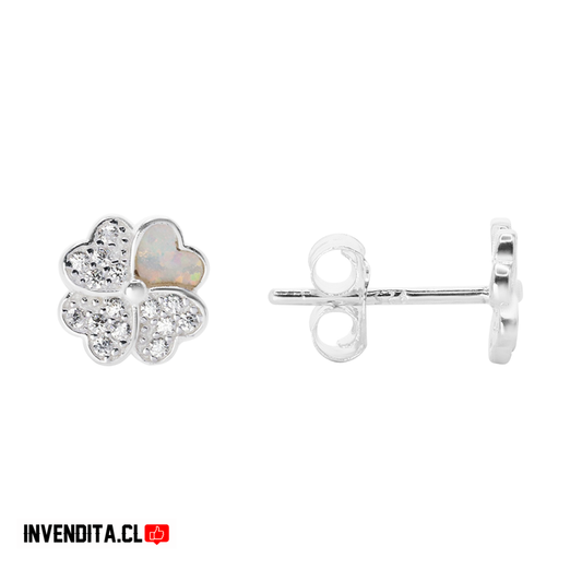 Aros de plata 925 diseño trébol con circones y ópalo australiano