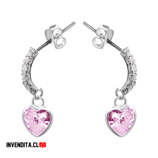 Aros de plata 925 varita con circón y corazón color rosa