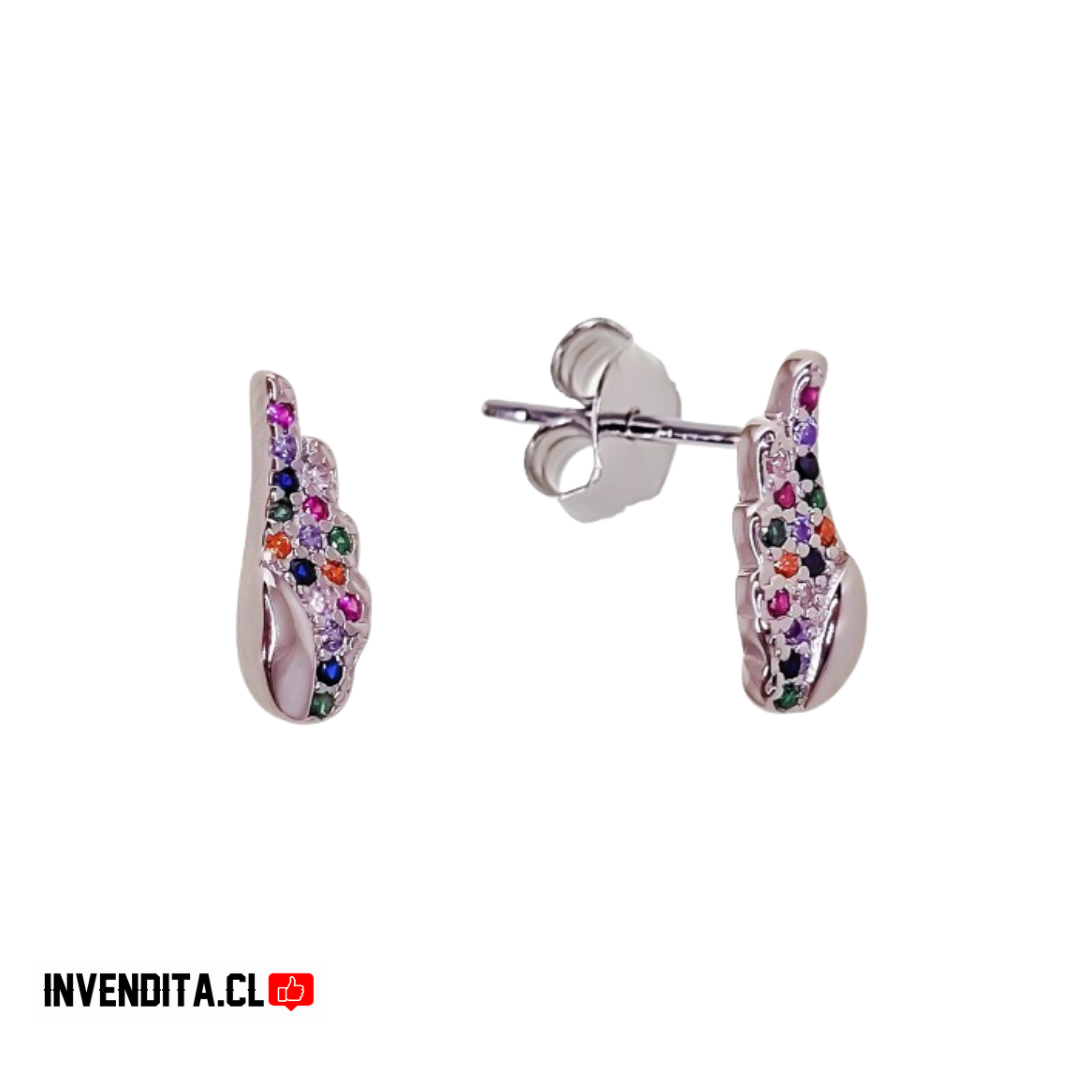 Aros de plata 925 pequeñas alas con circones de colores