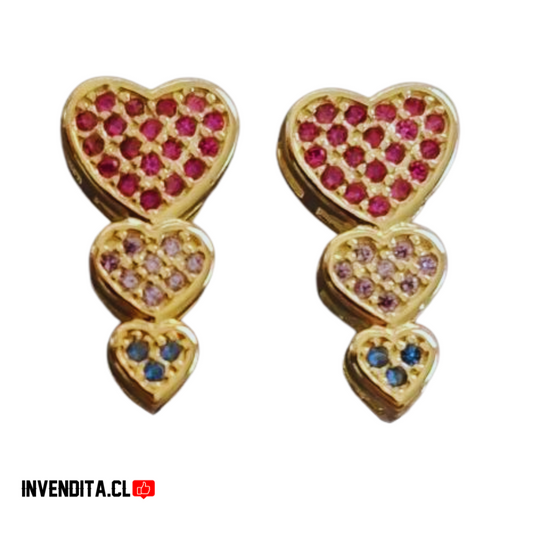 Aros enchapado en oro diseño corazones de colores